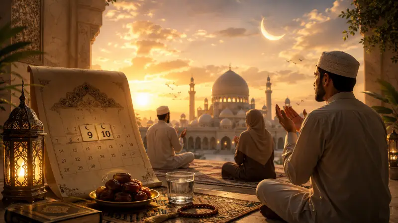 Muslim family observing Ashura with prayer, dates, water, and an Islamic calendar highlighting the 9th and 10th of Muharram.