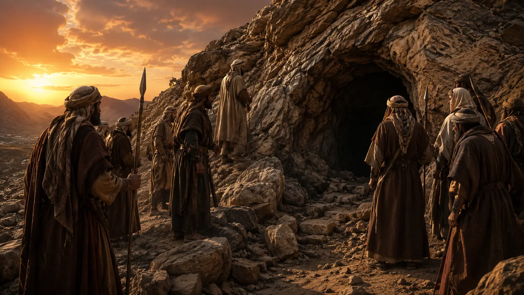 Men of Quraysh surrounding the cave entrance on a rocky mountain at sunset during the search for Prophet Muhammad ﷺ.