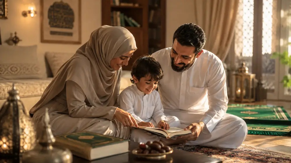A Muslim family sitting together at home, reading with their young child in a warm Islamic setting.