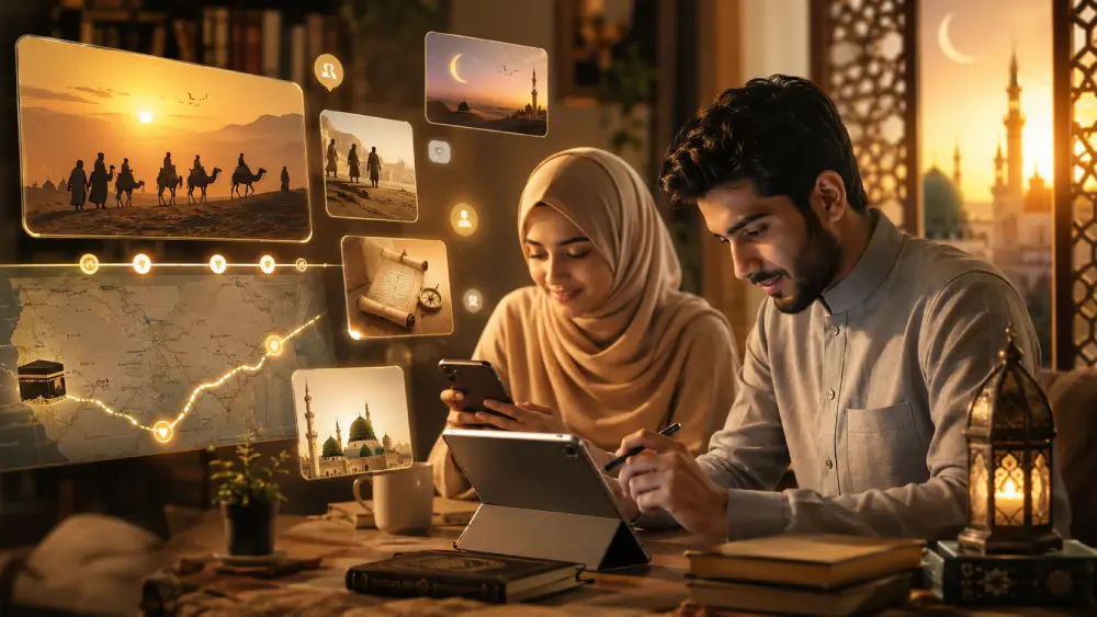 Young Muslims using digital platforms to learn about Islamic history while practicing responsible social media habits.