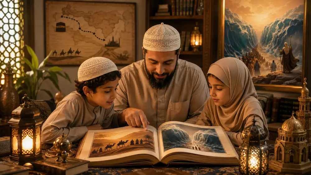 A Muslim father teaching children Islamic history through an illustrated book in a warm Islamic home setting.