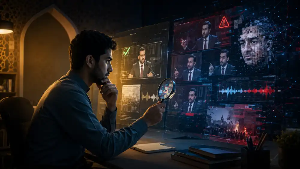 A Muslim man verifying AI-generated news, deepfake videos, and fabricated digital content before sharing it.
