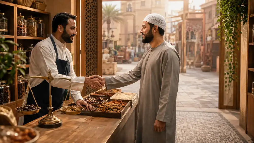 Muslim shopkeeper and customer shaking hands after an honest and fair business transaction
